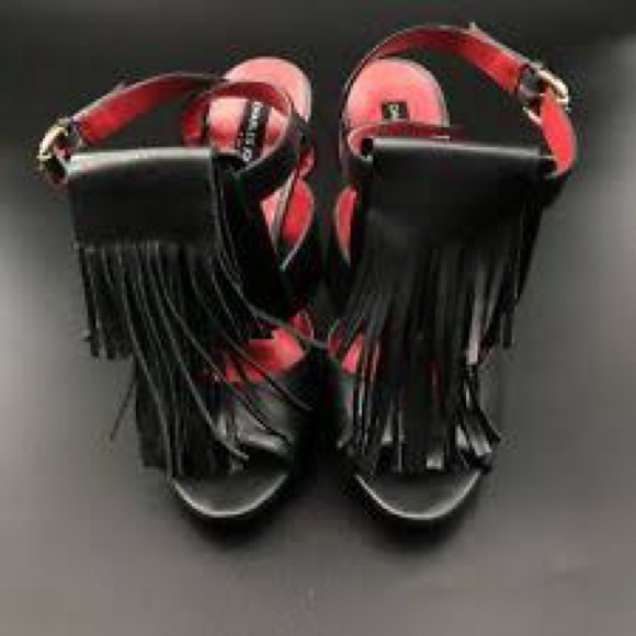 Charles Jourdan Black and Red Fringe Heels - Picture 1 of 5